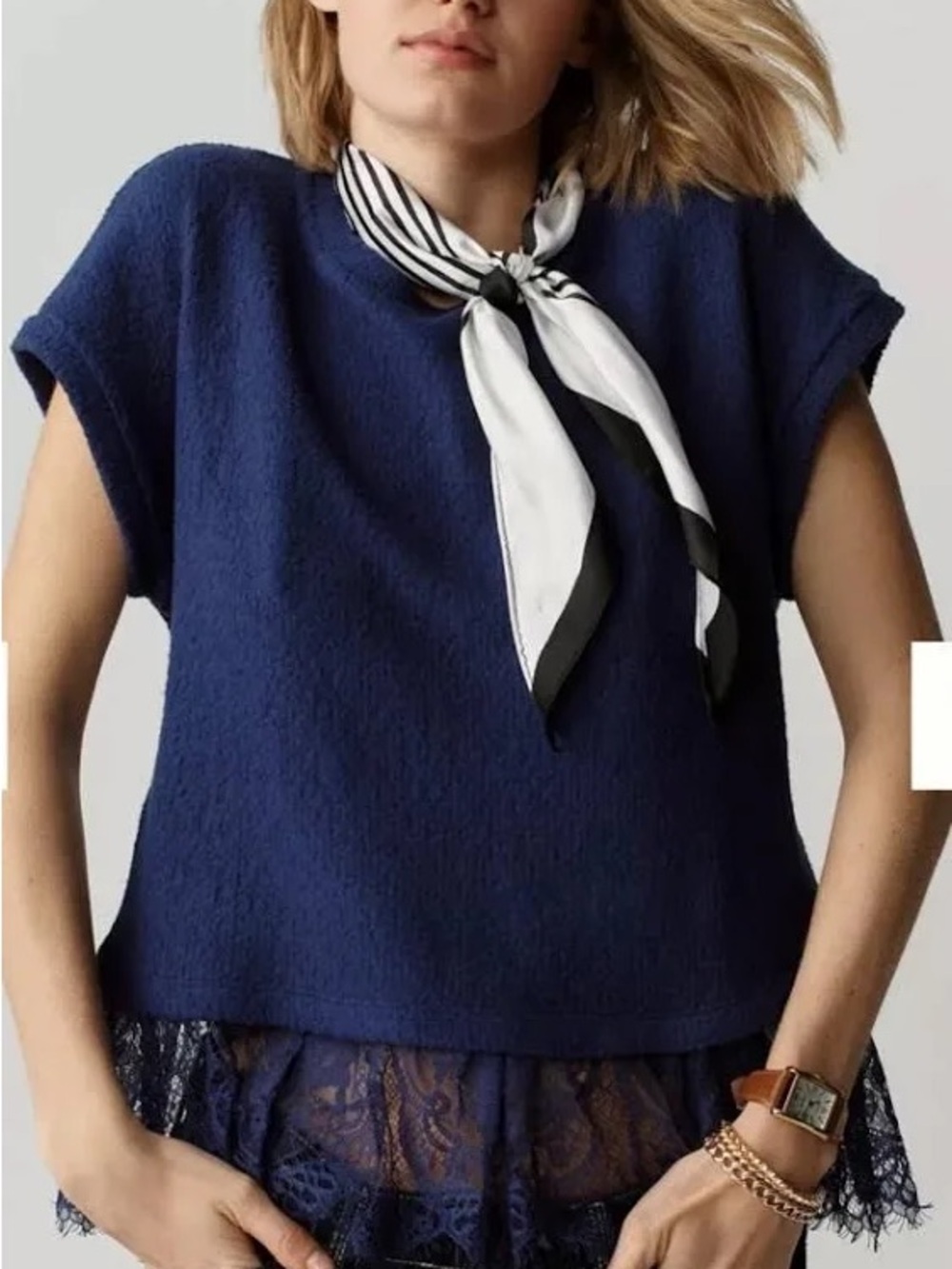 Maeve for Anthropologie Navy Cap-Sleeve Lace-Hem Women's Top